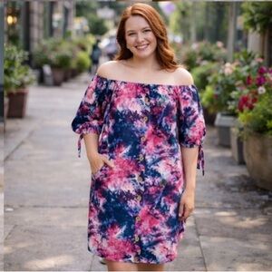 Women's Tie Dye Button-Up Knee Length Dress Multicolor Size L Vintage